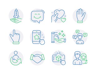 People icons set. Included icon as Share, Conversation messages, Hold heart signs. Click hand, Crowdfunding, Hand symbols. Washing hands, Augmented reality, Star rating. Handshake. Vector