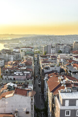 Obraz premium Panoramic view of Golden Horn with many apartments from Galata tower, Istanbul, Turkey. Urban crowded city landscape concept