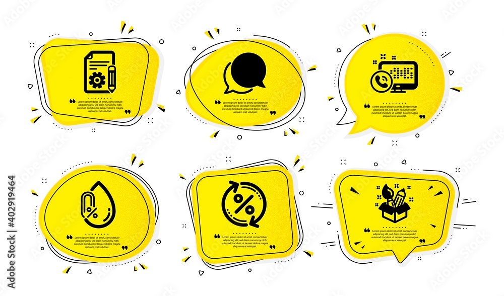 Poster documentation, no alcohol and chat message icons simple set. yellow speech bubbles with dotwork effe