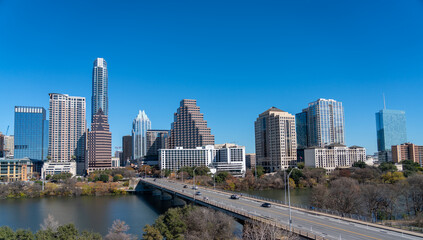 Obraz premium View of Downtown Austin Texas With Clear Blue Skies in Winter Day