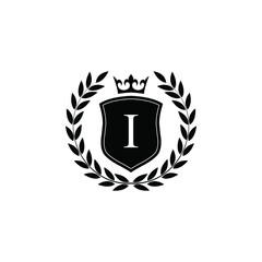 Obraz premium Letter I laurel wreath template logo Luxury shield letter with crown. Monogram alphabet . Beautiful royal initials letter.