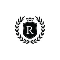 Letter R laurel wreath template logo Luxury shield letter with crown. Monogram alphabet . Beautiful royal initials letter.