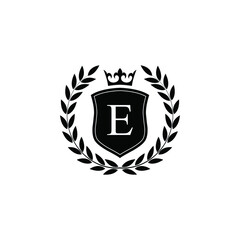  Letter E laurel wreath template logo Luxury shield letter with crown. Monogram alphabet . Beautiful royal initials letter.