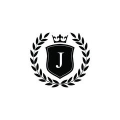 Letter J laurel wreath template logo Luxury shield letter with crown. Monogram alphabet . Beautiful royal initials letter.