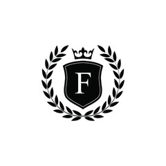 Letter F laurel wreath template logo Luxury shield letter with crown. Monogram alphabet . Beautiful royal initials letter.