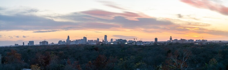 Wide Angle View of Downtown Austin Texas Skyline During Cloudy Sunset