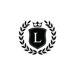  Letter L laurel wreath template logo Luxury shield letter with crown. Monogram alphabet . Beautiful royal initials letter.