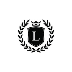 Fototapeta premium Letter L laurel wreath template logo Luxury shield letter with crown. Monogram alphabet . Beautiful royal initials letter.