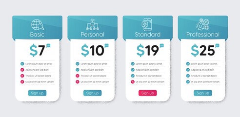 Internet search, Medical phone and Restructuring line icons set. Price table chart, business plan template. Cogwheel sign. Web finder, Mobile medicine, Delegate. Engineering tool. Science set. Vector