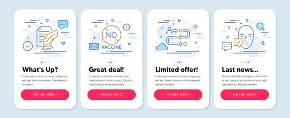Set of Science icons, such as Feather signature, No vaccine, Journey path symbols. Mobile screen app banners. Face accepted line icons. Feedback, Covid-19 treatment, Project process. Vector