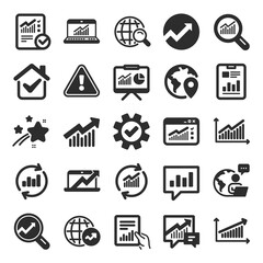 Analytics, Statistics icons. Set of Chart, Report document and Graph icons. Data analytics, Presentation chart and Communication. Global Statistics, hold document and checklist report. Vector