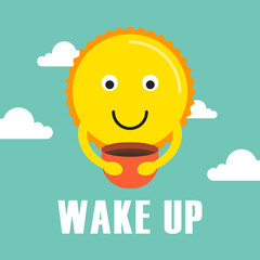 Wake up with sun and red cup. Flat style. Vector illustration.
