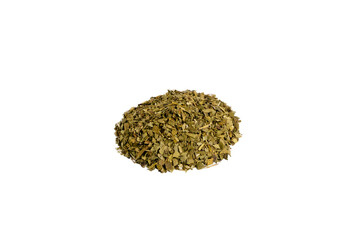 Dried leaves of yerba mate tea heap isolated on white background. nutrition. Traditional tea in South-America.