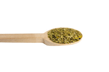 Dried leaves of yerba mate tea on wooden spoon isolated on white background. nutrition. Traditional tea in South-America.