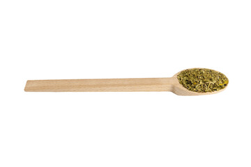 Dried leaves of yerba mate tea on wooden spoon isolated on white background. nutrition. Traditional tea in South-America.