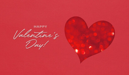 Happy valentines day text and heart shape cut out in paper with bokeh - holiday card