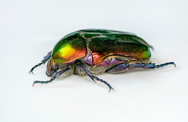 Rose chafer, Cetonia aurata, isolated on white background. Beautiful iridescent beetle. Extreme macro.