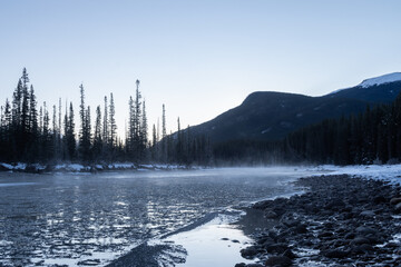 Fototapeta na wymiar Winter view of the Bow river located in Banff national park, Canada