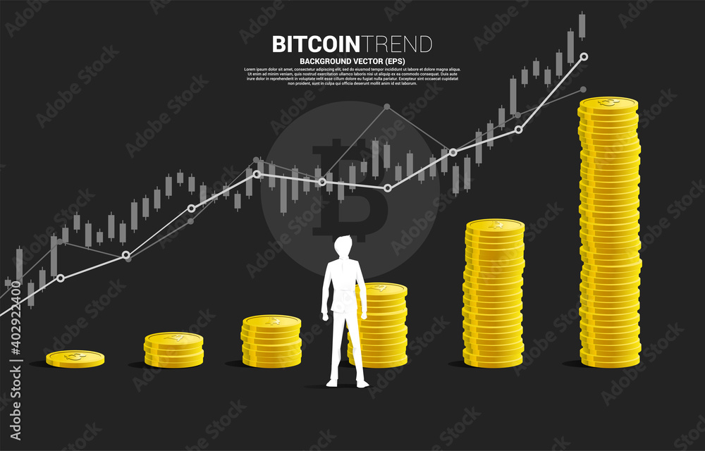Poster silhouette ob businessman with bit coin price growth graph with stack of golden coin. concept of ris