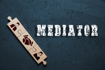 Wooden blocks with an icon of a woman and a man and mediation. Concept of mediation between spouses, divorce. Divorce proceedings before the Court. The role of the mediator.