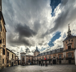 Naklejka premium Dramatic sky over Fuerzas Armadas cathedral in Madrid