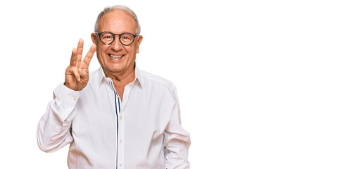 Senior caucasian man wearing business shirt and glasses showing and pointing up with fingers number three while smiling confident and happy.