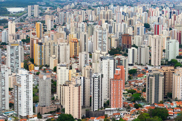 Aerial view of the densely populated Sao Paulo, Brazil with multiple residential highrises buildings. City also referred as Concrete Jungle.