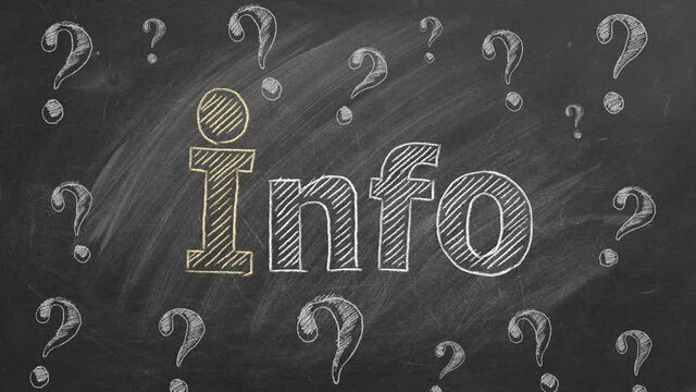 Lettering INFO and question marks drawn in chalk on a blackboard. Information support, customer support. FAQ concept.Seamless loop video.