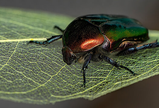 Rose chafer, Cetonia aurata,. Beautiful iridescent beetle. Extreme macro.