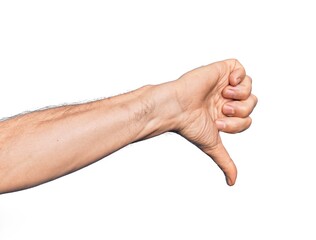 Hand of caucasian middle age man over isolated white background doing thumbs down rejection gesture, disapproval dislike and negative sign