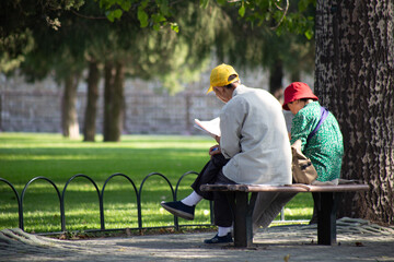 Ancianos leen en un parque publico donde resaltan los jardines