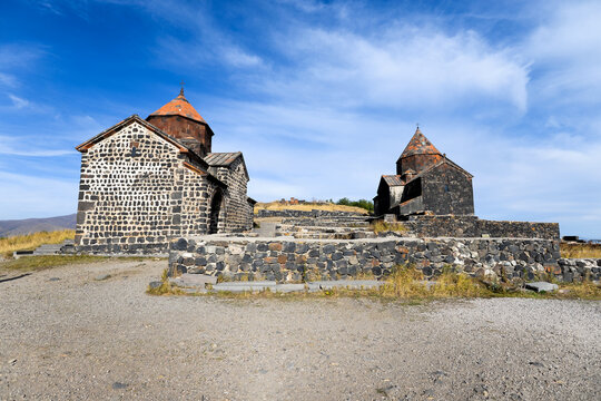 Sevan Monastery on the peninsula in Lake Sevan, Armenia with Holy Apostles (Surp Arakelots) and Holy Mother of God (Surp Astvatsatsin) churches.