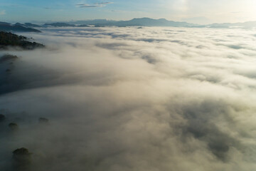 Amazing scenery Nature landscape nature view Aerial view drone camera photography of Mist or fog flowing on Mountain peak in the morning sunrise or sunset At Khao Khai Nui Phang Nga Thailand