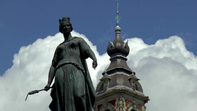 Column of the Goddess, Lille, France.
Close up view of the Column of the Goddess, Colonne de la D&eacute;esse, and Chamber of Commerce Belfry in Lille, France.