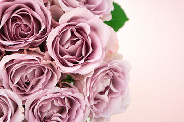 Background image of pink roses with copy space . Top view of rose flowers.