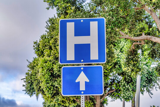 Road sign with tree and sky background with capital H for Hospital direction