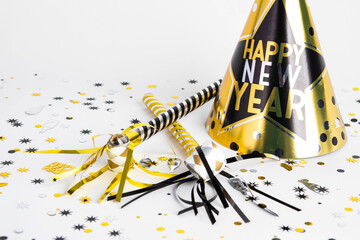 happy New Years hat on white background with confetti