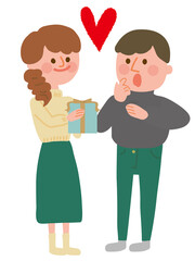 夫にプレゼントをする妻のイラスト
