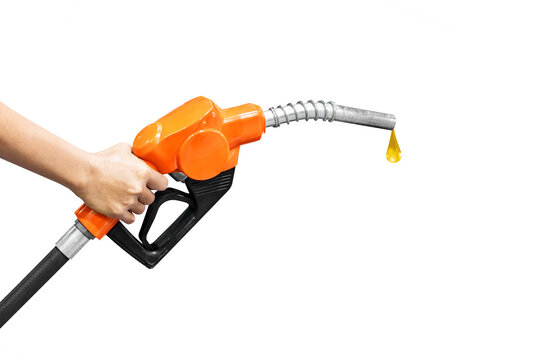 Hand holding orange fuel nozzle isolated on white background