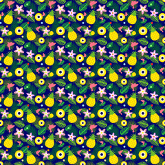 달콤한 파인애플과 열대 꽃 식물 이미지 패턴