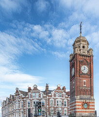 Fototapeta na wymiar Located in the heart, the Crouch end tower was erected in 1895. It was designed by the architect Frederick Knight and built by a Highgate builder, J. W. Dixon. 