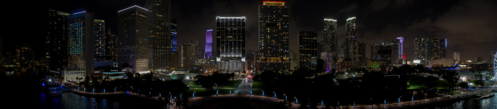 Night aerial panorama Downtown Miami city lights