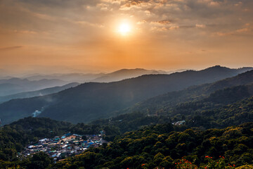 Top landscape of village on Doi Pui mountains at sunset sky , Chiangmai , Thailand