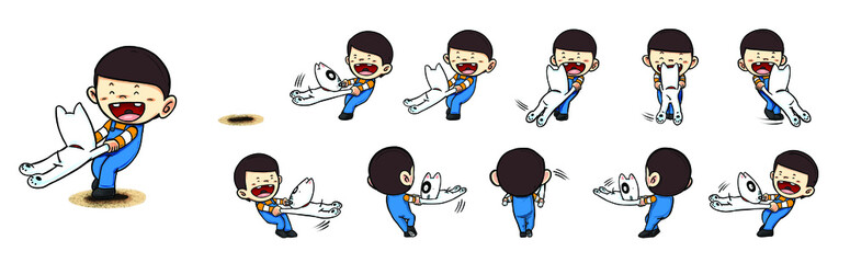 The boy carried the dog happily and spun around with joy.