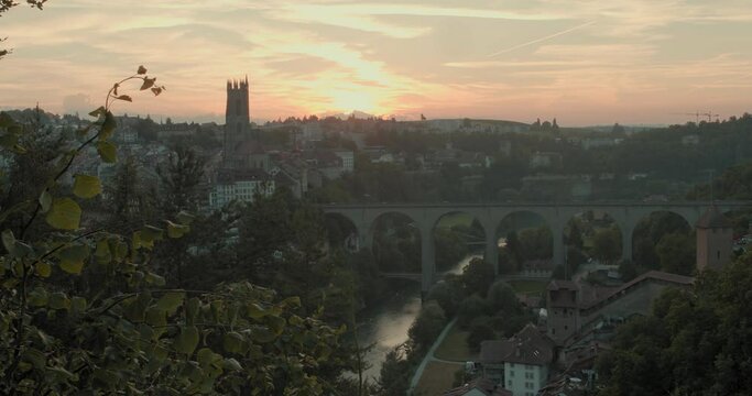 Drone aerial fribourg switzerland village sunset with old castle