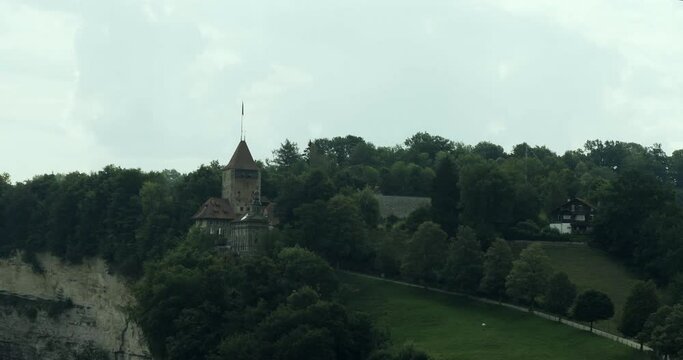Drone aerial fribourg switzerland village castle steeple
