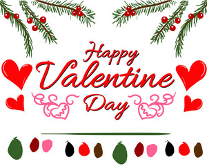 Fototapeta na wymiar Valentine's Day greeting illustration with hearts, pine, red cherry for printing or digital designs