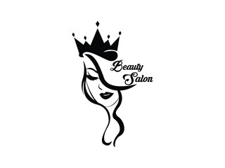 Queen Icon Vector illustration.  women long hair style symbol. beauty salon Sign with Crown, emblem isolated on white background, Flat style for graphic and silhouette, t-shirt
