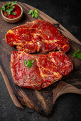 Pork steaks from tender tenderloin. Fresh raw meat prepared for cooking.