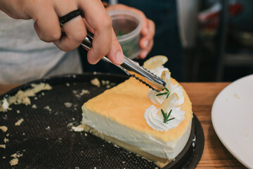 Pieces of delicious homemade lemon cheesecake with slices of lemon and mint served on a white plate. Delicious fruit dessert.food concept